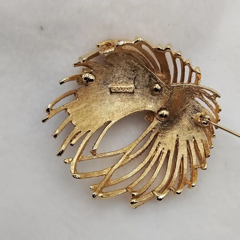 Vintage Monet Mirador Brooch | Signed Goldtone Sculptural Fan Pin | Mid-Century